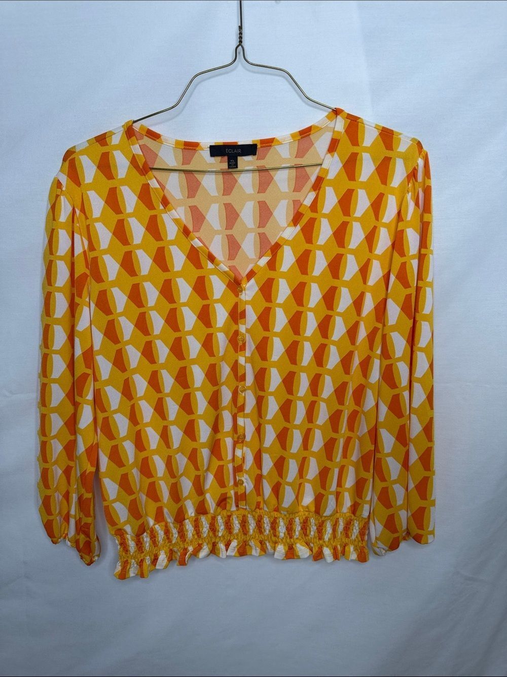 Eclair Yellow Geometric V-Neck Button-Front Blouse